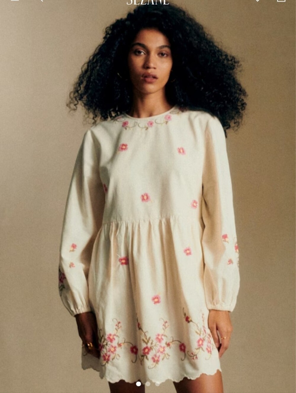 Sezane Ivory Tunic Dress with Pink Floral Embroidery